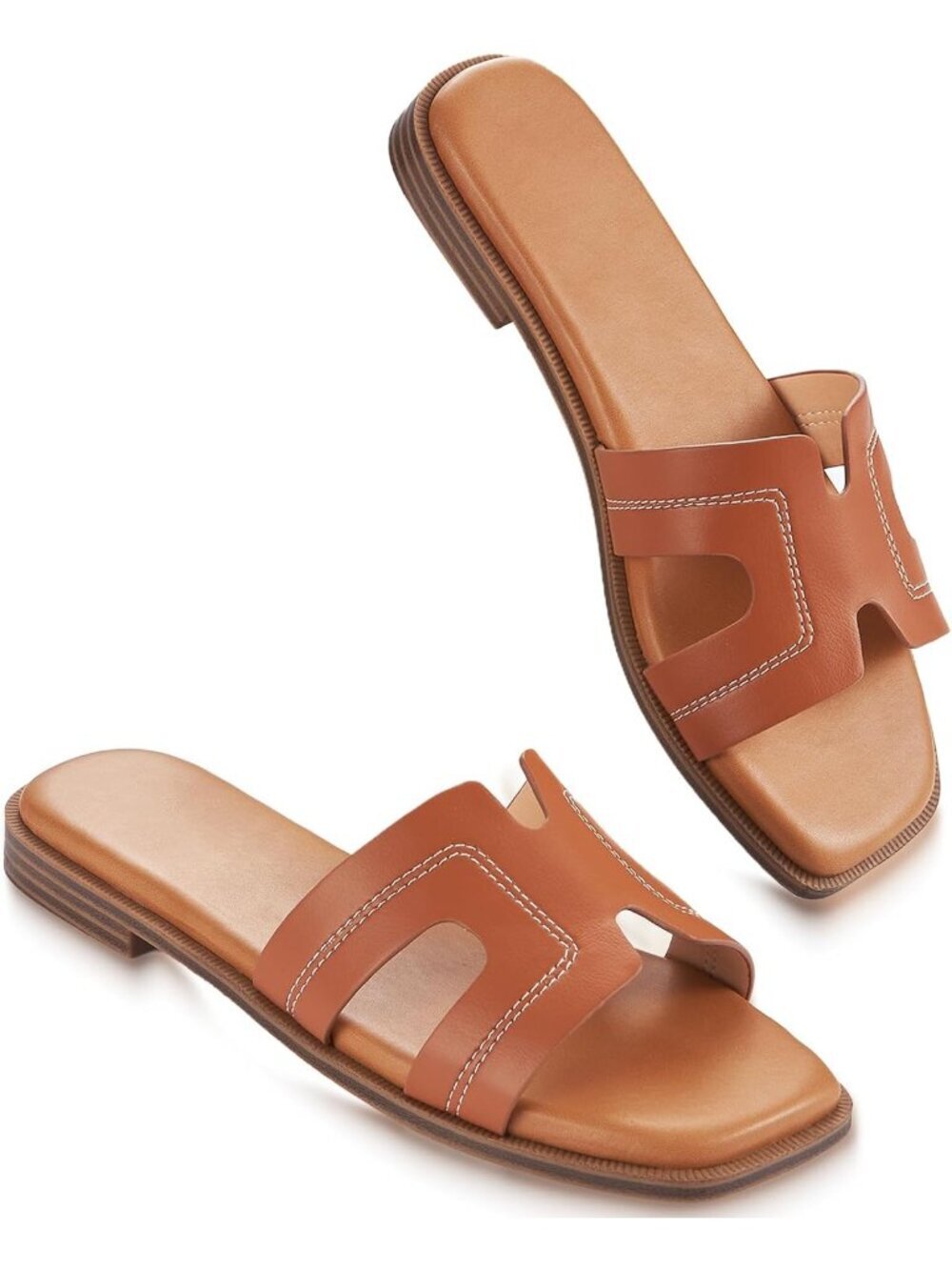 Women's Brown Slip On Flat Soft Foam Slides Comfortable Leather Sandals